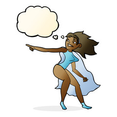 cartoon superhero woman pointing with thought bubble