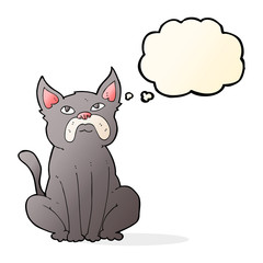 cartoon grumpy little dog with thought bubble