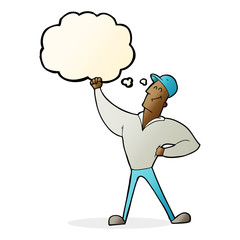 cartoon man striking heroic pose with thought bubble
