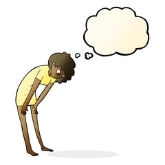 cartoon woman looking at her feet with thought bubble