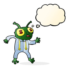 cartoon alien spaceman with thought bubble
