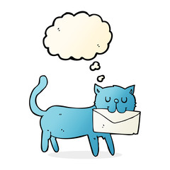 cartoon cat carrying letter with thought bubble