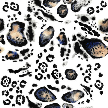 Seamless leopard painted print. Animal skin pattern on a white background. Spots of animals painted watercolor ornament.