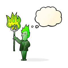 cartoon devil with pitchfork with thought bubble