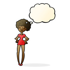 cartoon happy woman with hands on hips with thought bubble