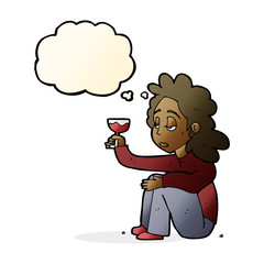 cartoon unhappy woman with glass of wine with thought bubble