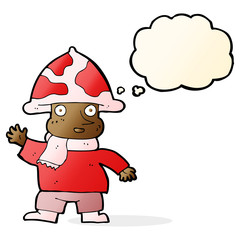cartoon mushroom man with thought bubble
