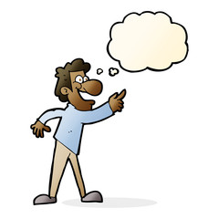 cartoon man pointing and laughing with thought bubble