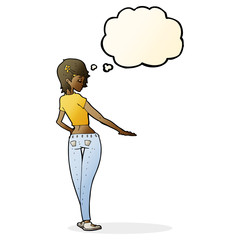 cartoon pretty girl in jeans and tee with thought bubble
