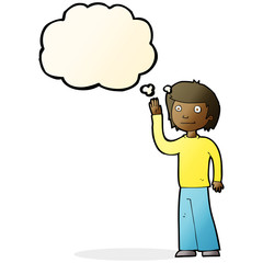 cartoon friendly boy waving with thought bubble