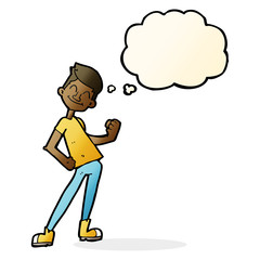 cartoon celebrating man with thought bubble