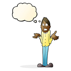 cartoon man shrugging shoulders with thought bubble