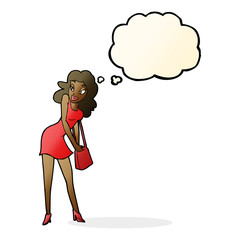 cartoon woman looking in handbag with thought bubble