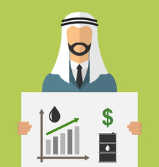 Obraz premium Arabic Businessman Holding Banner with Graphic of Oil Prices Up