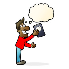 cartoon man with book with thought bubble