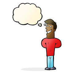 cartoon grinning man with thought bubble