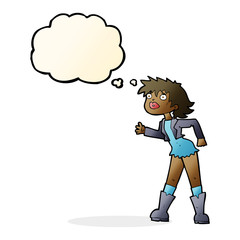 cartoon girl in leather jacket with thought bubble