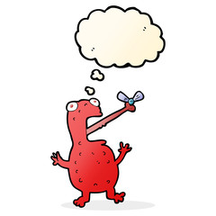 cartoon poisonous frog catching fly with thought bubble