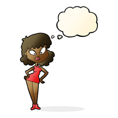 cartoon woman with hands on hips with thought bubble