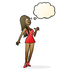 cartoon woman in pink dress with thought bubble