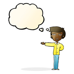 cartoon man gesturing welcome with thought bubble