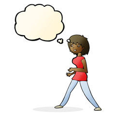 cartoon woman walking with thought bubble