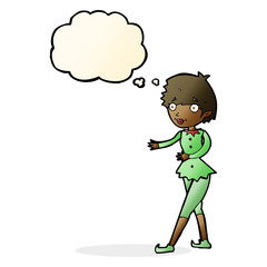 cartoon christmas elf woman with thought bubble