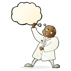 cartoon mad scientist with thought bubble