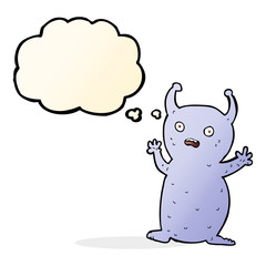 cartoon funny little alien with thought bubble