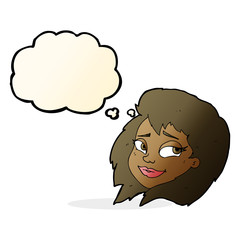 cartoon happy female face with thought bubble