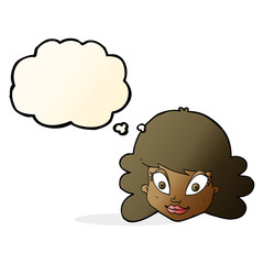 cartoon happy female face with thought bubble