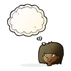 cartoon happy female face with thought bubble