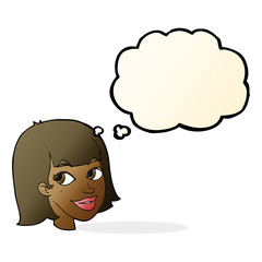 cartoon happy female face with thought bubble