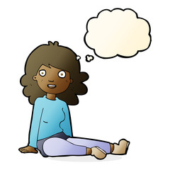 cartoon happy woman with thought bubble