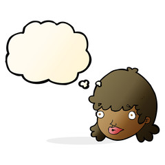 cartoon female face with surprised expression with thought bubbl
