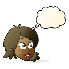 cartoon female face with surprised expression with thought bubbl
