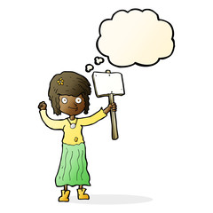 cartoon hippie girl with protest sign with thought bubble