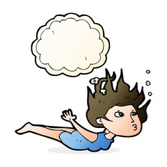 cartoon woman swimming underwater with thought bubble