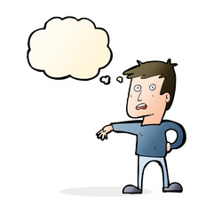 cartoon man making camp gesture with thought bubble