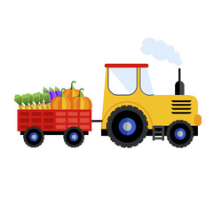 Farm tractor on white background with harvest. Vector illustration, tractor icon.