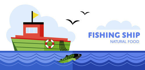 Fishing boat on the sea, vector illustration.