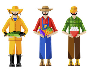 Farmers and fisherman on white background, vector illustration.