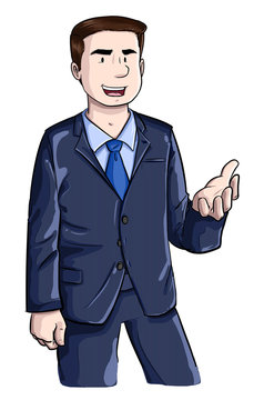Ilustraci&oacute;n de hombre de negocios profesionista en uniforme explicando sobre fondo blanco