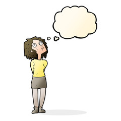 cartoon curious woman with thought bubble