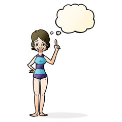 cartoon woman in striped swimsuit with thought bubble
