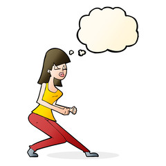 cartoon crazy dancing girl with thought bubble