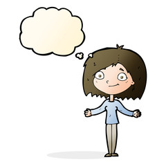cartoon woman shrugging shoulders with thought bubble