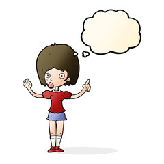 cartoon woman explaining her point with thought bubble