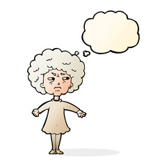cartoon bitter old woman with thought bubble