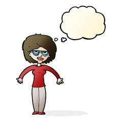 cartoon woman shrugging shoulders with thought bubble